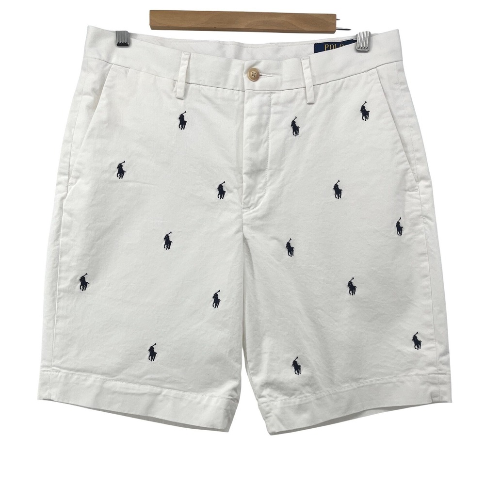 Polo Ralph Lauren Mens Shorts Chino White Blue All Over Pony Print Size 31